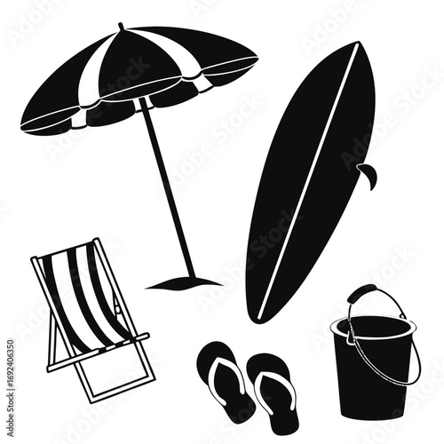 A collection of black and white silhouette icons representing beach and summer vacation essentials including a surfboard umbrella deck chair flip flops and a bucket