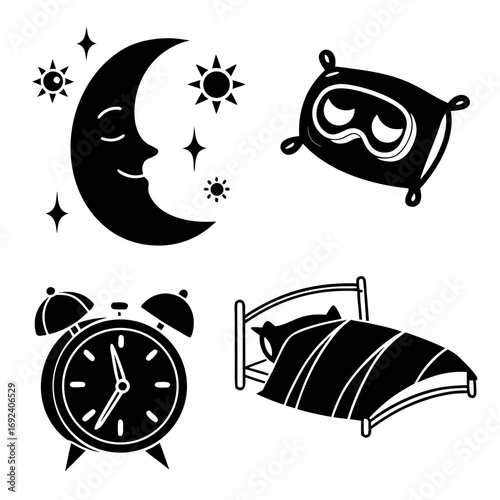 Collection of black and white icons representing sleep and nighttime including a crescent moon with stars a pillow with a sleep mask an alarm clock and a person sleeping in a bed