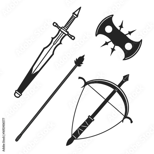 A collection of stylized black silhouette icons representing medieval and fantasy weapons including a sword spear axe and crossbow on a white background