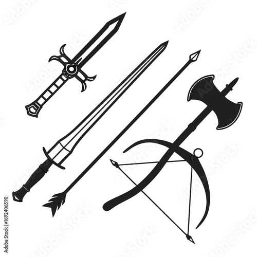 Collection of medieval fantasy weapons including swords a spear a battle axe and a crossbow presented as black silhouettes on a white background