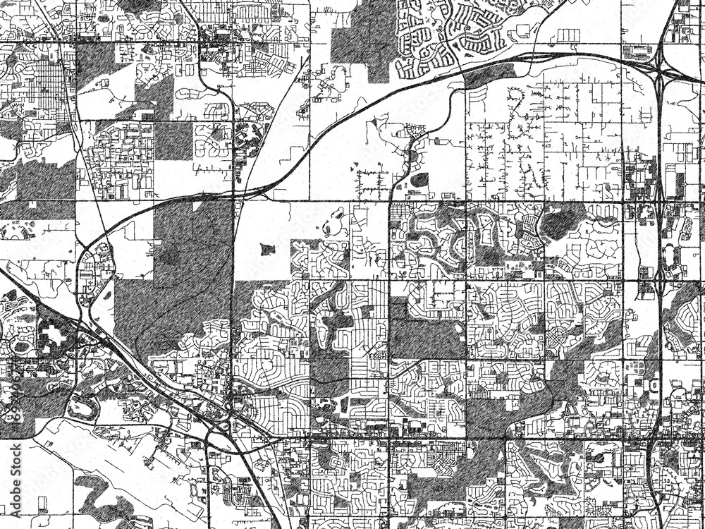 Fototapeta premium Stylized illustration of Broomfield, Colorado, showing its roads and neighborhoods in sketch-like black and white.