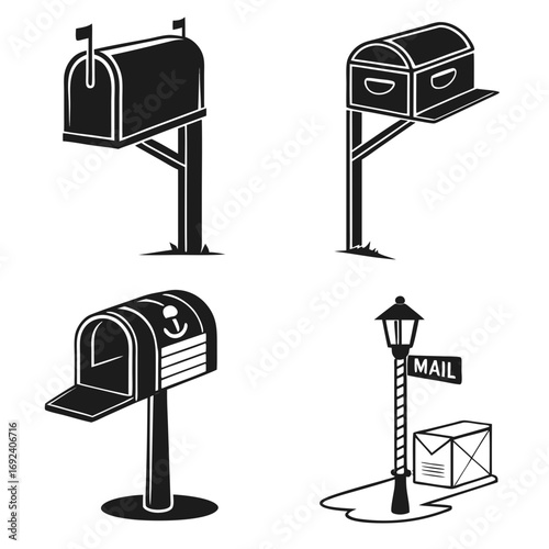 Collection of four black and white graphic illustrations depicting various styles of mailboxes and a street lamp with a mail package perfect for postal communication themes
