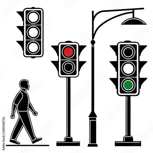 A collection of stylized black and white traffic signals including a pedestrian crossing signal and a street lamp illustrating traffic control and urban street elements