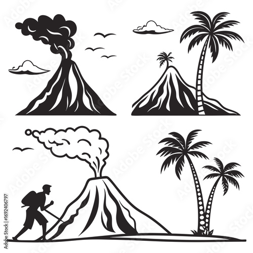 Collection of stylized black and white illustrations depicting active volcanoes tropical palm trees birds in flight and a silhouette of a hiker exploring a volcanic landscape