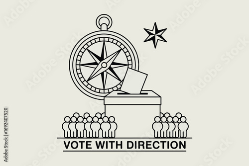 Illustration showing compass, star, ballot box, ballot, and crowd with vote with direction text