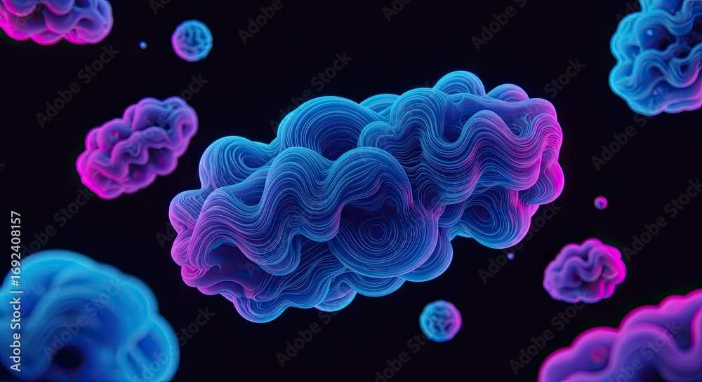 Obraz premium Abstract 3D Render of Floating, Wavy, Bioluminescent Forms in Space
