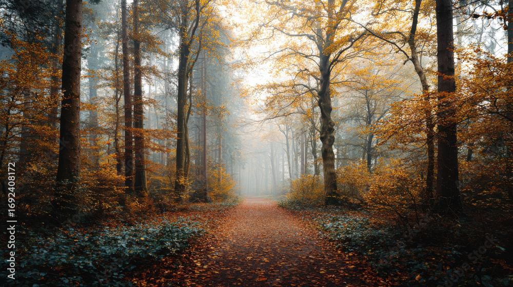 Obraz premium A misty autumn path invites you to explore the enchanting forest scenery, with warm and cozy vibes.