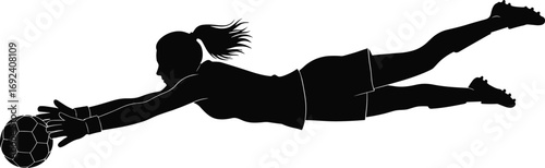 Silhouette of female soccer goalkeeper diving to catch ball in action pose, perfect for sports vector design and athletic content.