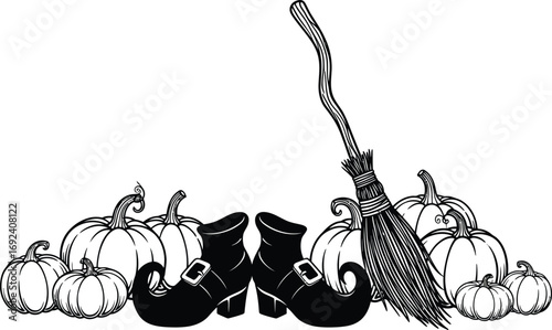 Halloween border with pumpkins, witch shoes and broom perfect for creating invitations, greeting cards and decorations