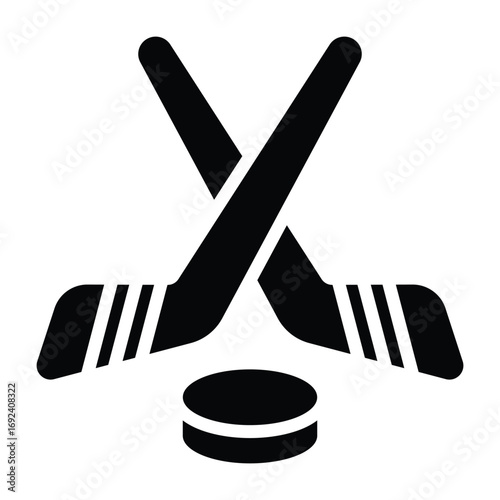 Black silhouette of two hockey sticks crossed with a puck. Suitable for winter sport and competition themes.