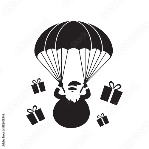 Santa Claus with Parachute and Bag of Presents Holiday Vector Graphic