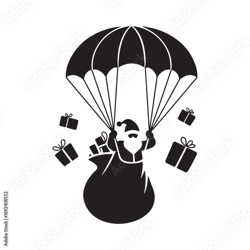 Santa Claus with Parachute and Bag of Presents Holiday Vector Graphic