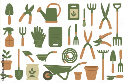 Gardening tools and supplies arranged on a white background for plant care and landscaping projects