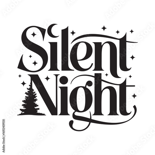 "Silent Night" Typography with Moon and Pine Tree for Christmas and Winter Holiday Decor