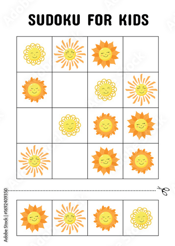 Fun  Sudoku puzzle for children featuring adorable sun illustrations. This printable worksheet supports early learning, logic development, and summer-themed classroom or homeschool activities.