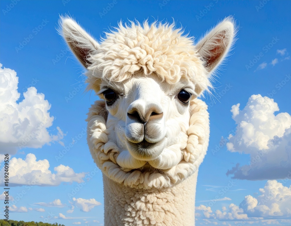 Obraz premium Close-up Portrait of an Adorable Alpaca Posing Under a Bright Blue Sky with Fluffy Clouds