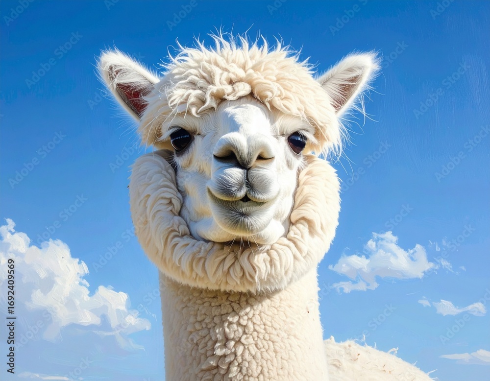 Obraz premium Adorable fluffy white alpaca smiling for the camera on a beautiful sunny day with blue sky