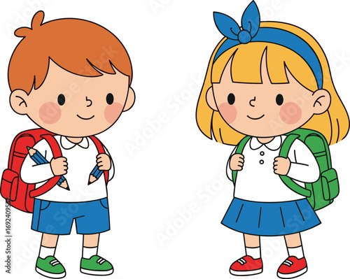Cartoon school children vector illustration, cute boy and girl with backpacks, school uniform, back to school kids clipart, education graphic