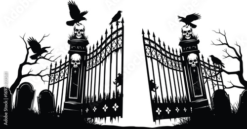 Spooky halloween graveyard gate with crows and skulls a creepy entrance to a haunted cemetery halloween night