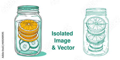 Detox water jar isolated image and vector: Jar with citrus slices and cucumber for infused water decoration  