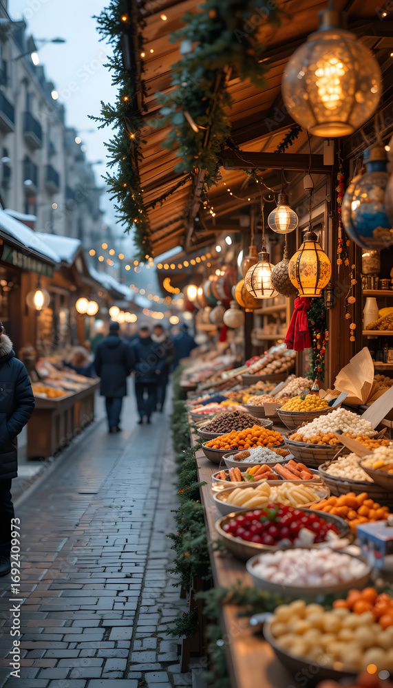 Fototapeta premium Christmas market stalls featuring multicultural foods and handmade crafts, diverse festive celebration