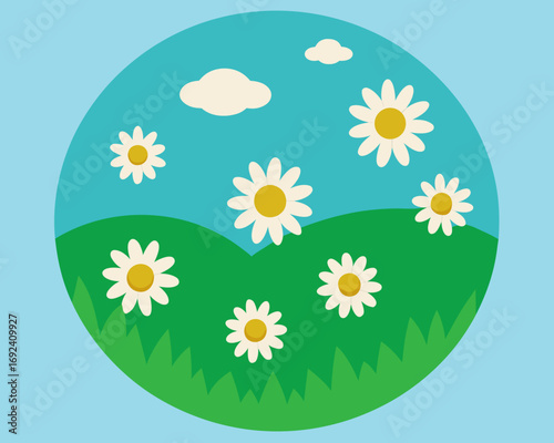 Circle Meadow with Daisies Vector Illustration
