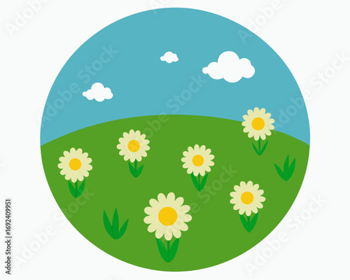 Circle Meadow with Daisies Vector Illustration
