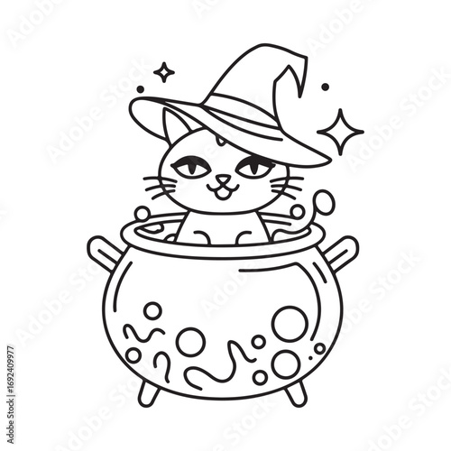 Cute Witch Cat in a Bubbling Cauldron Halloween Coloring Page Vector