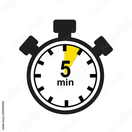 5 Minutes Timer Icon, Modern Flat Design. Clock, Stopwatch, Chronometer Showing ten Minutes Label. Cooking time, Countdown Indication