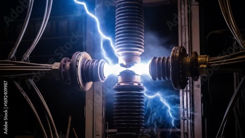 Tesla coil generating a bright blue electrical discharge
