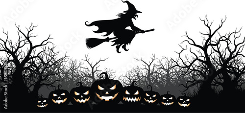 A spooky halloween night scene with a silhouetted witch flying a broom over a field of jackolanterns and bare trees