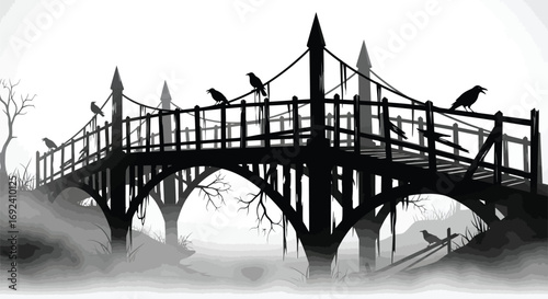A spooky bridge with ravens perched it in a foggy, misty landscape, creating a dark and mysterious atmosphere for halloween