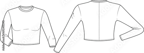 Long Sleeve Crop Top Fashion Template, Crew Neck Vector Sketch, Technical Drawing, Women’s Apparel Flat, Minimalist Shirt Design