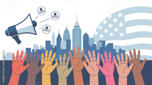 Illustration featuring raised hands of diverse colors with a city skyline and american flag behind