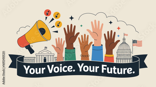 Illustration depicting diverse hands raised with a megaphone and government buildings in the background