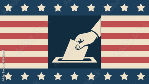 Illustration of hand placing ballot in box with american flag design and star borders around it