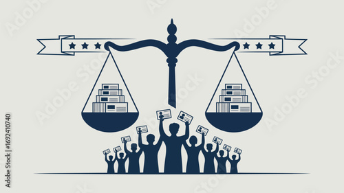 Scales holding papers above people holding cards in a navy blue and white graphic design image