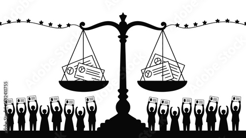 Silhouetted scales holding ballots above people holding identification cards in black and white style