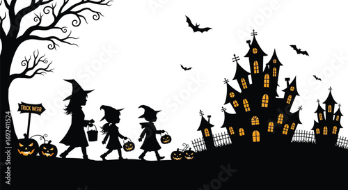 Silhouette illustration of children trick or treating in front of a haunted house, halloween night scene
