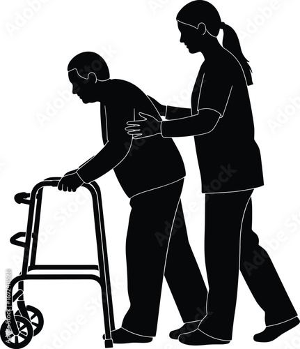 Silhouette of nurse supporting elderly man with walker, symbolizing senior care, physical therapy, medical assistance, and rehabilitation aid services.