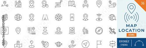 Map location icon collection set. Editable stroke.