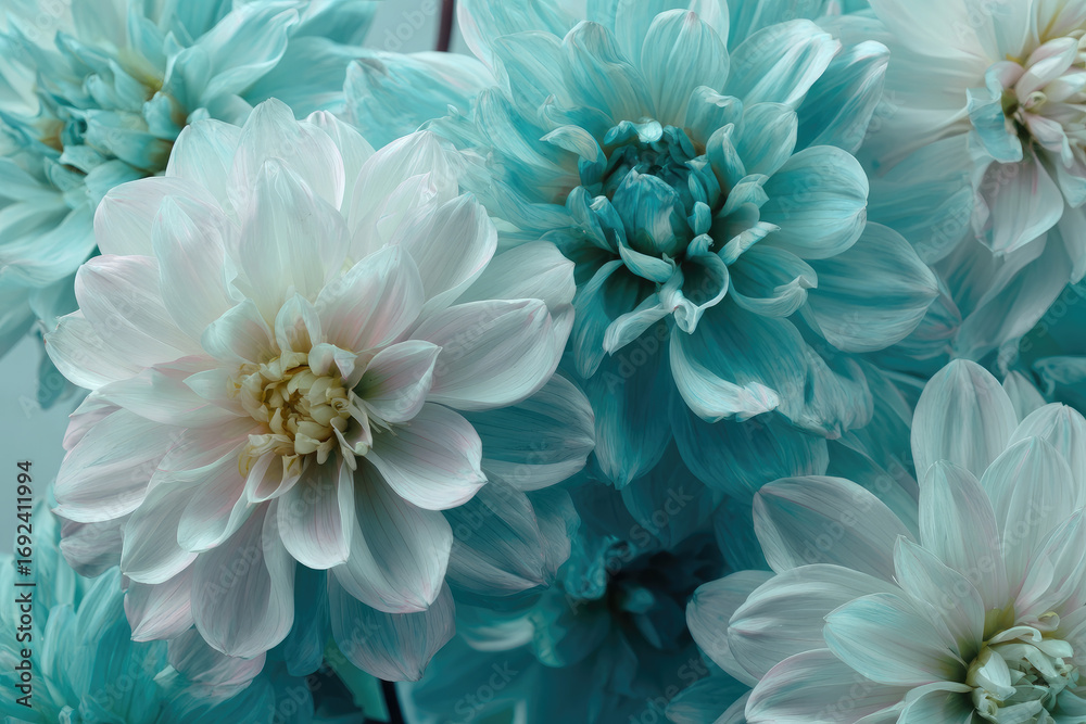Obraz premium Floral turquoise-white background. Flowers dahlias close-up. Flowers composition. Nature