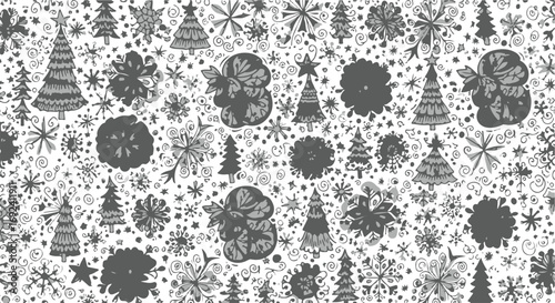 Festive hand-drawn winter holiday pattern with christmas trees and snowflakes elements