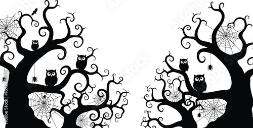 Spooky halloween scene featuring silhouetted trees with owls perched branches and spiderwebs hanging between them