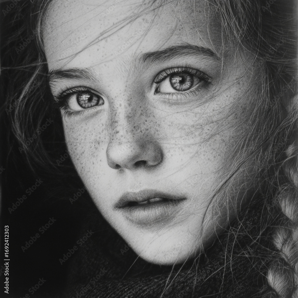 Fototapeta premium A monochrome charcoal or graphite pencil drawing of a young girl with freckles and intense, reflective eyes. The style is hyper-realistic and detailed, with visible texture in the hair and clothing