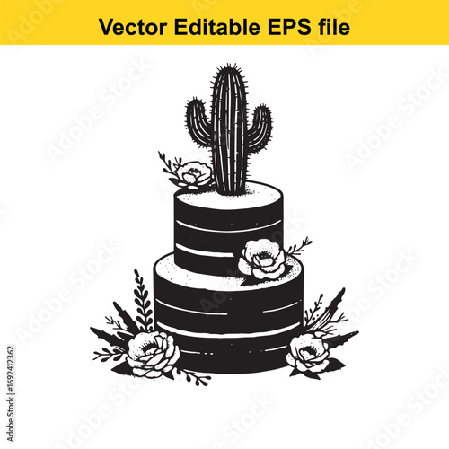 Two tier cake with cactus and roses isolated on white background