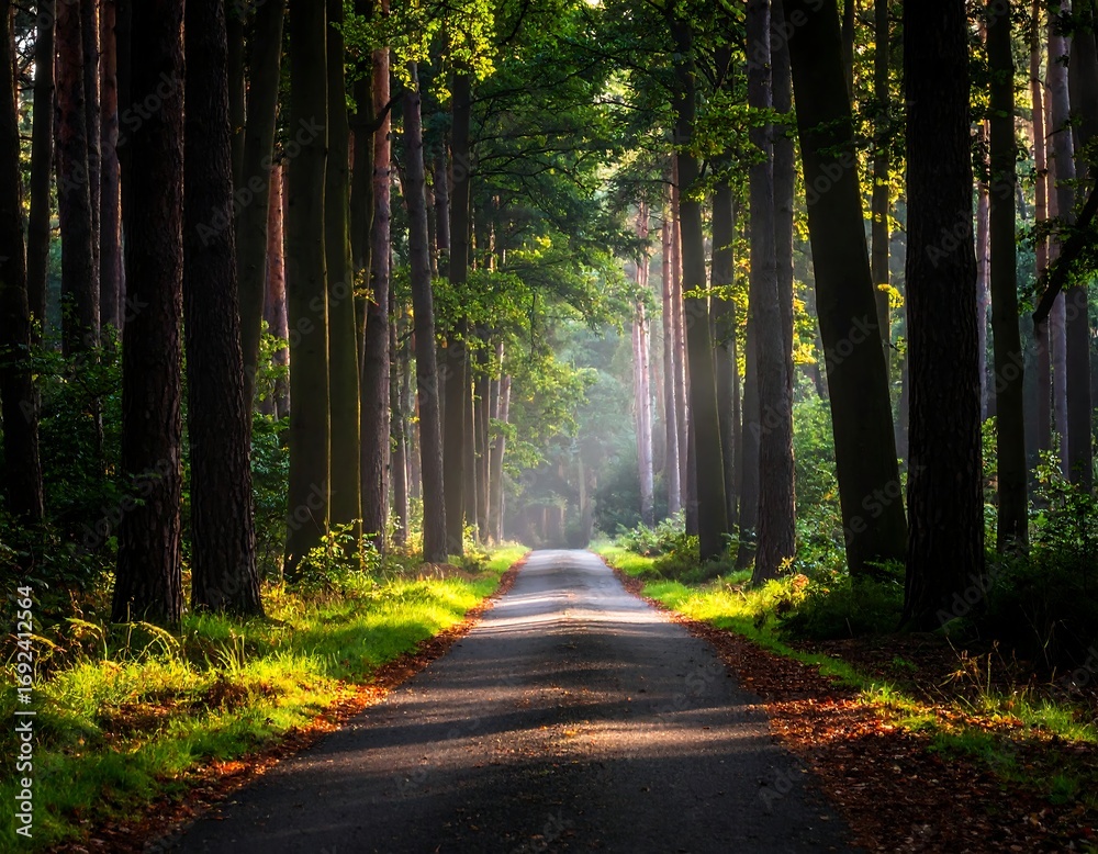 Obraz premium A sunlit path through a dense forest