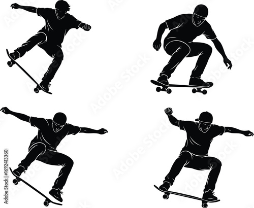 Silhouette of skateboarder performing tricks, dynamic poses, street sport, urban lifestyle, skateboarding, extreme sports, youth activity, athletic movement illustration.