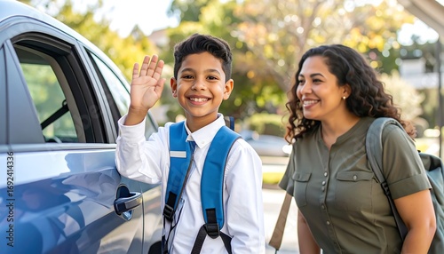 Happy child waving goodbye to a parent at a car