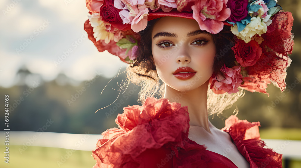Fototapeta premium Elegant woman at horse racing carnival wearing fashionable colorful flower hat and retro fancy dress, stylish Melbourne Cup fashion illustration with racetrack background, modern spring sports event a